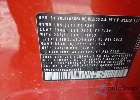 2019 Volkswagen Tiguan 2.0T Sel Premium/2.0T Sel Premium R-Line from USA, damaged, VIN 3VV4B7AX9KM039915